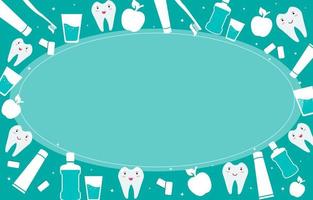 tand- en mondverzorgingsframe. ontwerpsjabloon voor spandoek voor pediatrische tandheelkunde. artikelen voor de dagelijkse hygiëne van de mondholte. mondwater en tandenborstel met pasta, appel, kauwgom, witte gezonde tanden. vector