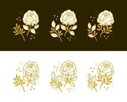 set handgetekende vintage pioenroos, roze bloem en bloemen blad tak lijn kunst vrouwelijke logo-elementen vector