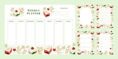 set van wekelijkse planner, dagelijkse takenlijst, kladblok-sjablonen, schoolplanner met handgetekende cake-, bloemen- en aardbei-elementen vector