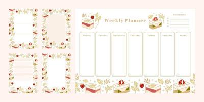 set van wekelijkse planner, dagelijkse takenlijst, kladblok-sjablonen, schoolplanner met handgetekende cake-, bloemen- en aardbei-elementen vector