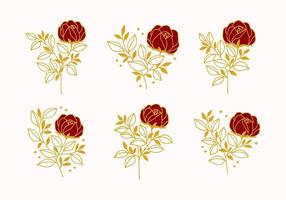 set handgetekende vintage pioenroos, roze bloem en bloemen blad tak lijn kunst vrouwelijke logo-elementen vector