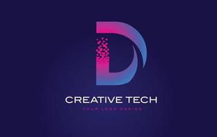 d eerste letter logo-ontwerp met digitale pixels in blauwpaarse kleuren. vector