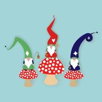 set kerstkabouter op giftige paddenstoelen. scandinavische nordic gnome, schattige kerst santa gnome elf. vectorillustratie geïsoleerd op blauwe achtergrond. xmas elementen ontwerp, uitnodigingen en kaarten vector