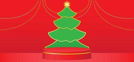 kerstboom met rood podium en gouden baldecoraties. vector achtergrond met papercut stijl
