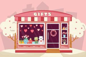 cadeauwinkel met Valentijnsdag decoratie. Valentijnsdag etalage met geschenken. boeket bloemen, geschenkdozen, harten. vectorillustratie in vlakke stijl. vector
