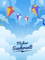 illustratie van makar sankranti festivalontwerp met vliegende vlieger in lucht en wolk. moderne makar sankranti festival illustratie cartoon.can gebruiken voor wenskaart, poster, briefkaart, uitnodiging, web. vector