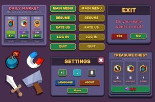 action game ui kit zal menu's, pop-up, schermen en game-elementen vector