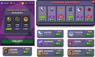 action game ui kit zal menu's, pop-up, schermen en game-elementen vector