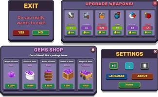 action game ui kit zal menu's, pop-up, schermen en game-elementen vector