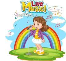 live muzieklogo met een meisje dat zingt op een regenboogachtergrond vector