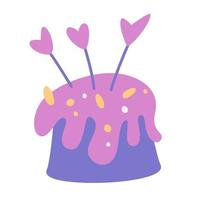 verjaardag gebakken taart. kaarsen in de vorm van een hart. feestelijk gebak geïsoleerde illustraties voor briefkaart. verjaardag viering wenskaart. hand tekenen vectorillustratie.
