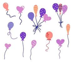 ballonnen instellen. carnaval ballonnen. feestelijke set van kleurrijke ballonnen in verschillende vormen. vliegende bosballonnen met touw perfect voor verjaardagsfeestje en decor. moderne hand tekenen vectorillustratie. vector