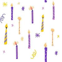 verjaardag kaarsen naadloze patroon. cadeautjes en cadeaus feestelijk inpakpapier. viering, groet briefkaart achtergrond. kleurrijke kaarsen. vector cartoon illustratie