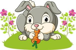 het schattige konijn eet de wortel in de tuin vector