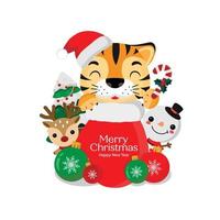 prettige kerstdagen en gelukkig nieuwjaar wenskaart. jaar van de tijger. vector