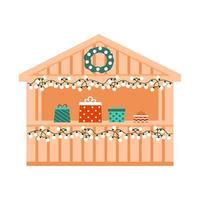 buiten kerstmarkt, vakantiemarkt met cadeau, buitenwinkel in klein huis. houten kiosken met handelsdetailhandel op Kerstmis en Nieuwjaar. platte vectorillustratie vector