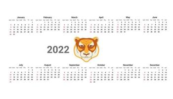 Engelse kalender van 2022 jaar, kalender met hoofdtijger. vector illustratie