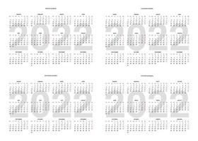 kalender van 2022 jaar op engels, spaans, russisch, duitse taal, kalender. vector illustratie