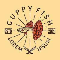 vintage logo van oranje guppy vis met grunge op licht vector