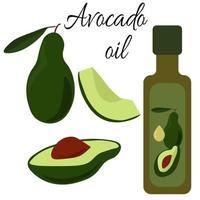 avocado-olie, bakolie in een flesje, heel en avocadostukjes in verschillende soorten en maten vector