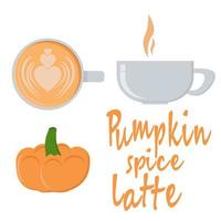 Pumpkin Spice Latte, oranje trendy drinkbeker boven- en zijaanzicht en oranje kleine pompoen vector
