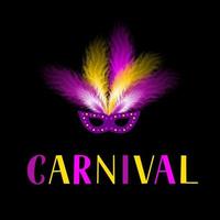 carnaval belettering met masker en kleurrijke veren op donkere achtergrond. maskerade partij poster of uitnodiging. vectorsjabloon voor carnaval van Venetië, Brazilië, New Orleans, Oruro, Nice, enz. vector