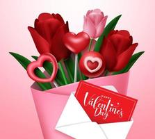 Valentijn boeket vector achtergrondontwerp. happy Valentijnsdag tekst in wenskaart met tulp bloemen en harten element voor Valentijnsdag cadeau ontwerp. vector illustratie