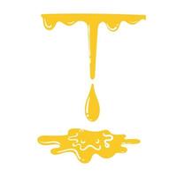 hand getrokken doodle druipende honing. goudgele cartoon siroop of sap druipende vloeibare olie spatten geïsoleerd vector