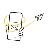 hand getrokken doodle papier vliegtuig en mail concept voor e-mail marketing illustratie vector geïsoleerd