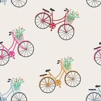 naadloos patroon. fietsen, bloemen met mooie kleuren, in de mand. vector, illustratie. vector