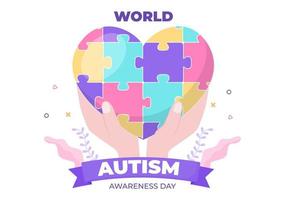 wereld autisme-bewustzijnsdag met hand- en puzzelstukjes geschikt voor wenskaart, poster en spandoek in platte ontwerpillustraties vector