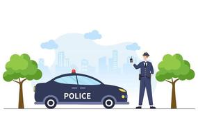 politiebureau afdelingsgebouw met politieagent en politieauto in vlakke stijl achtergrond afbeelding vector
