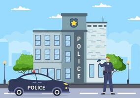 politiebureau afdelingsgebouw met politieagent en politieauto in vlakke stijl achtergrond afbeelding vector