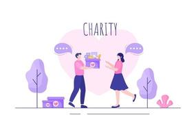hou van liefdadigheid of geef donatie via vrijwilligersteam werkte samen om donaties te helpen en in te zamelen voor poster of banner in platte ontwerpillustratie vector