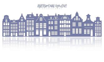 silhouet van een rij amsterdamse huizen. gevels van europese oude gebouwen voor kerstversiering. Hollandse huizen met reflectie. vector