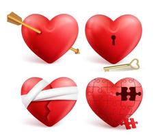 rode harten vector 3D-realistische set met pijlen, sleutelgaten, puzzel en verbanden voor Valentijnsdag geïsoleerd op een witte achtergrond. vectorillustratie.