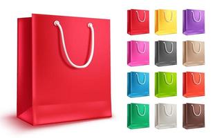 kleurrijke boodschappentas vector set. lege papieren zakken om te winkelen en mode met rode en andere kleuren geïsoleerd op een witte achtergrond. vectorillustratie.