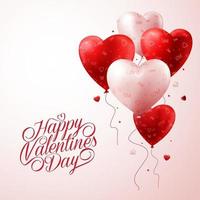 3D-realistische rood hart ballonnen vliegen met liefde patroon en happy Valentijnsdag tekst groeten op achtergrond. vector illustratie