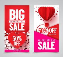 Valentijnsdag verkoop vector posterontwerpen en webbanners met rode harten elementen voor winkelpromotie. vectorillustratie.