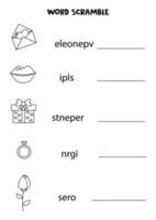 puzzel voor kinderen. woord scramble voor kinderen. zwart-wit valentijn elementen. vector