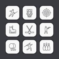 sport-, spellen, teamsport lijn iconen set, schermen, hockey, schaatsen, ping pong, basketbalring, bowling pinnen vector