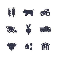 landbouw, landbouw pictogrammen geïsoleerd op wit, oogst, vee, schuur, agrimotor, pakhuis, graan maaidorser vector