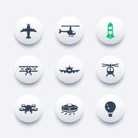 vliegtuigen iconen set, luchtvaart, luchtvervoer, vliegtuig, helikopter, drone, tweedekker, buitenaards ruimteschip, ballon vector
