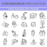 set van handen wassen iconen in dunne lijnstijl. hygiëne pictogrammen. de pictogrammen als handwas, zeep, alcohol, wasmiddel, antibacterieel. vectorillustraties. vector