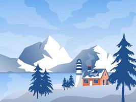 vlak wintersneeuwlandschap van een huis dat sneeuwt met bergen achtergrond vector