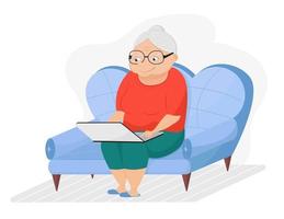 grootmoeder zit op de bank met laptop. schattige cartoon senior vrouw surft op internet. vector