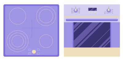 inductiekookplaat en oven voor het koken en bakken van voedsel, verschillende niveaus van verwarming en koken in een vlakke stijl geïsoleerd op een witte achtergrond vector