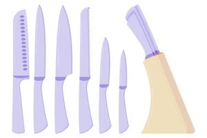 een set messen en een messenrek, messen voor vlees en vis, brood, groenten en fruit in verschillende maten en met verschillende messen vector