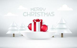 kerstcompositie met halfrond podium, abstracte dennen, geschenkdoos en kerstballen. 3d vectorbanner met exemplaarruimte vector