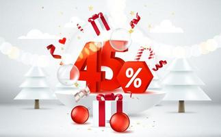 vijfenveertig procent kerstkorting. seizoen verkoop banner. lichte kamer met kerstelementen en cijfers. 3D-stijl vector banner